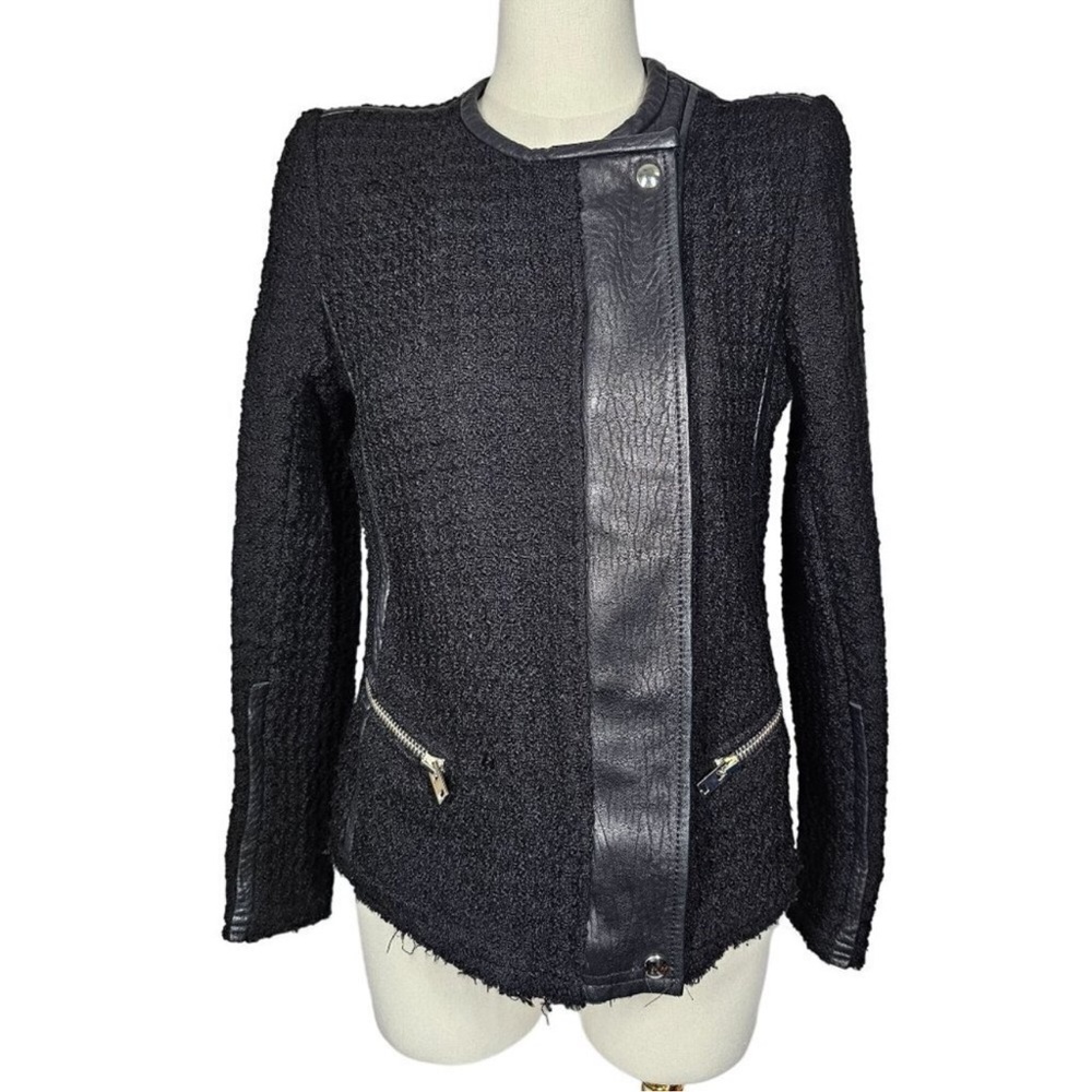 IRO Tweed and Leather Moto Jacket Blazer Zip Closure Black, Women's FR40/US8
